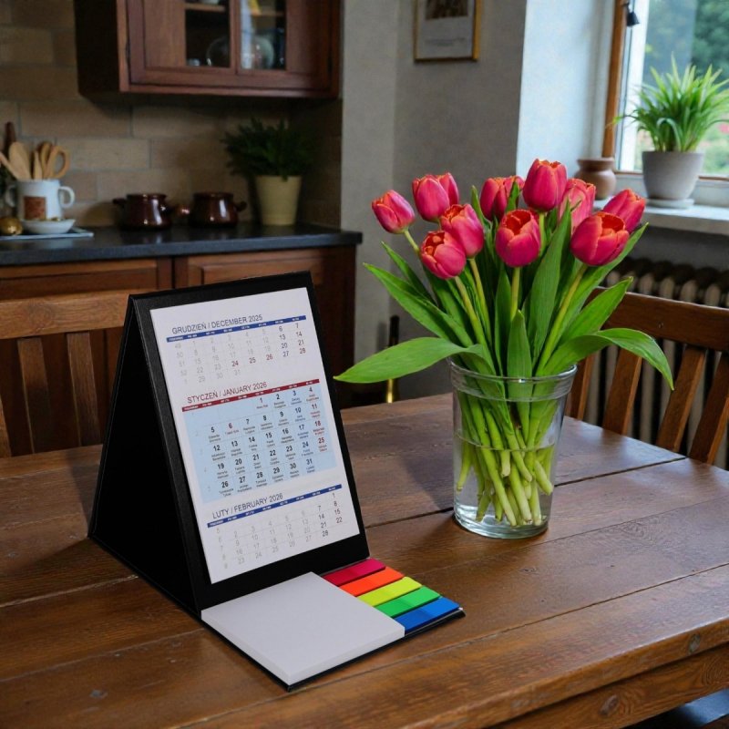 Kalendarz biurkowy z notesem i znacznikami TOP 3-miesięczny 2026 bordowy