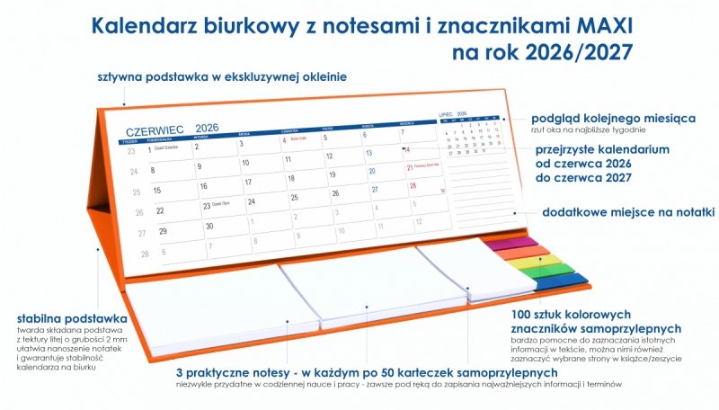 opis kalendarza MAXI szkolnego z notesami i znacznikami samoprzylepnymi