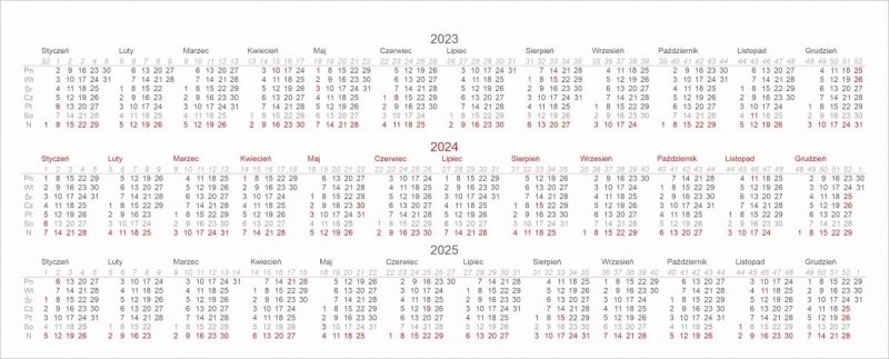 Skrócone kalendarium na rok 2023, 2024, 2025