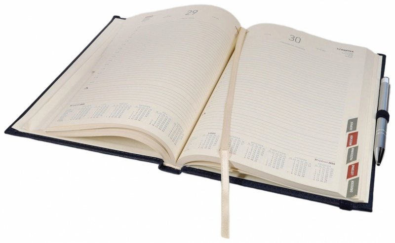 Kalendarz książkowy 2026 A5 dzienny papier chamois wycinane registry oprawa z zamykaniem na gumkę i mocowaniem na długopis ROSSA VIU czerwona Z NADRUKIEM LOGO