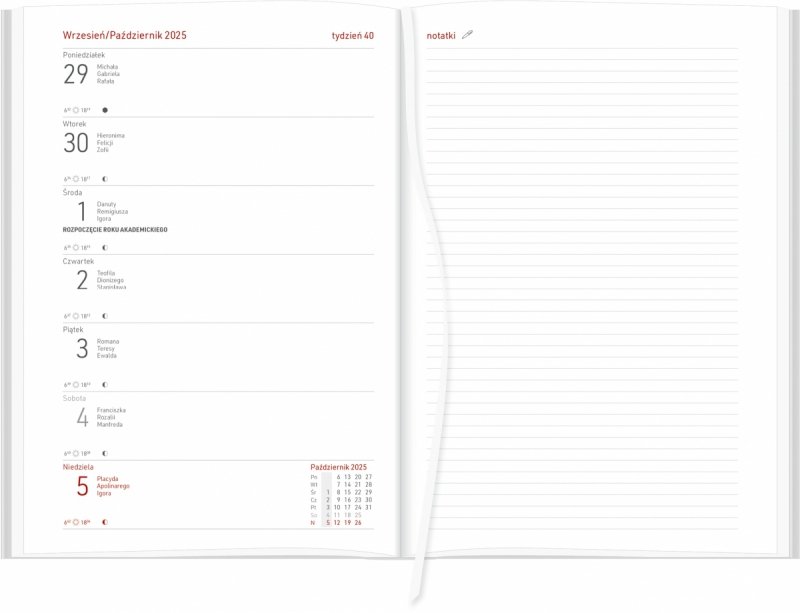 kalendarz książkowy tygodniowy dla studentów na rok 2025-2026
