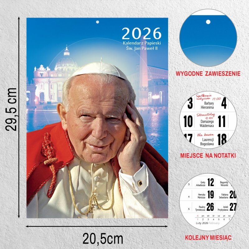 Kalendarz ścienny wieloplanszowy A4 PAPIESKI Św. Jan Paweł II 2026
