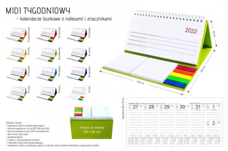 Kalendarz biurkowy z notesami i znacznikami MIDI TYGODNIOWY 2022 biały
