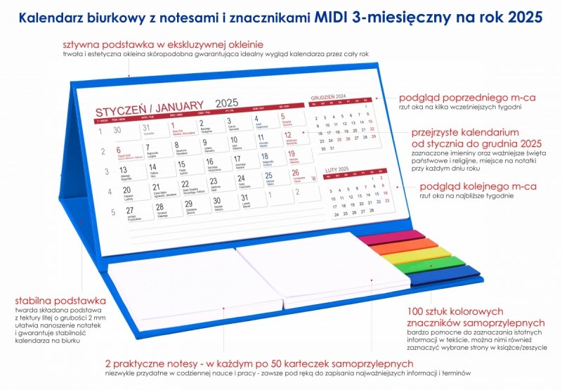 kalendarz biurkowy MIDI 3-miesięczny 2025 na twardej podstawce 