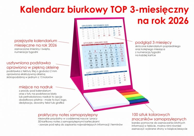Kalendarz biurkowy z notesem i znacznikami TOP 3-miesięczny 2026 różowy