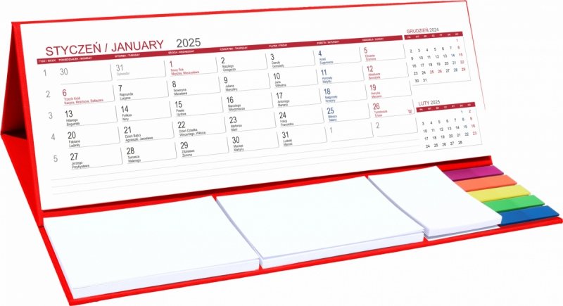 kalendarz biurkowy na rok 2025 z notesami i znacznikami
