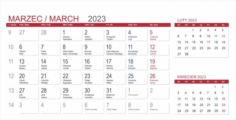 Kalendarium 3-miesięczne do kalendarza biurkowego na rok 2023 - marzec 2023