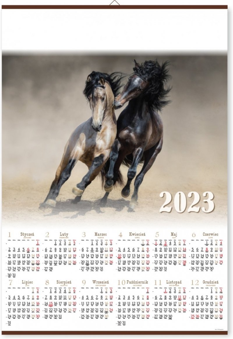 Kalendarz-plakat ze zdjęciem galopujących koni