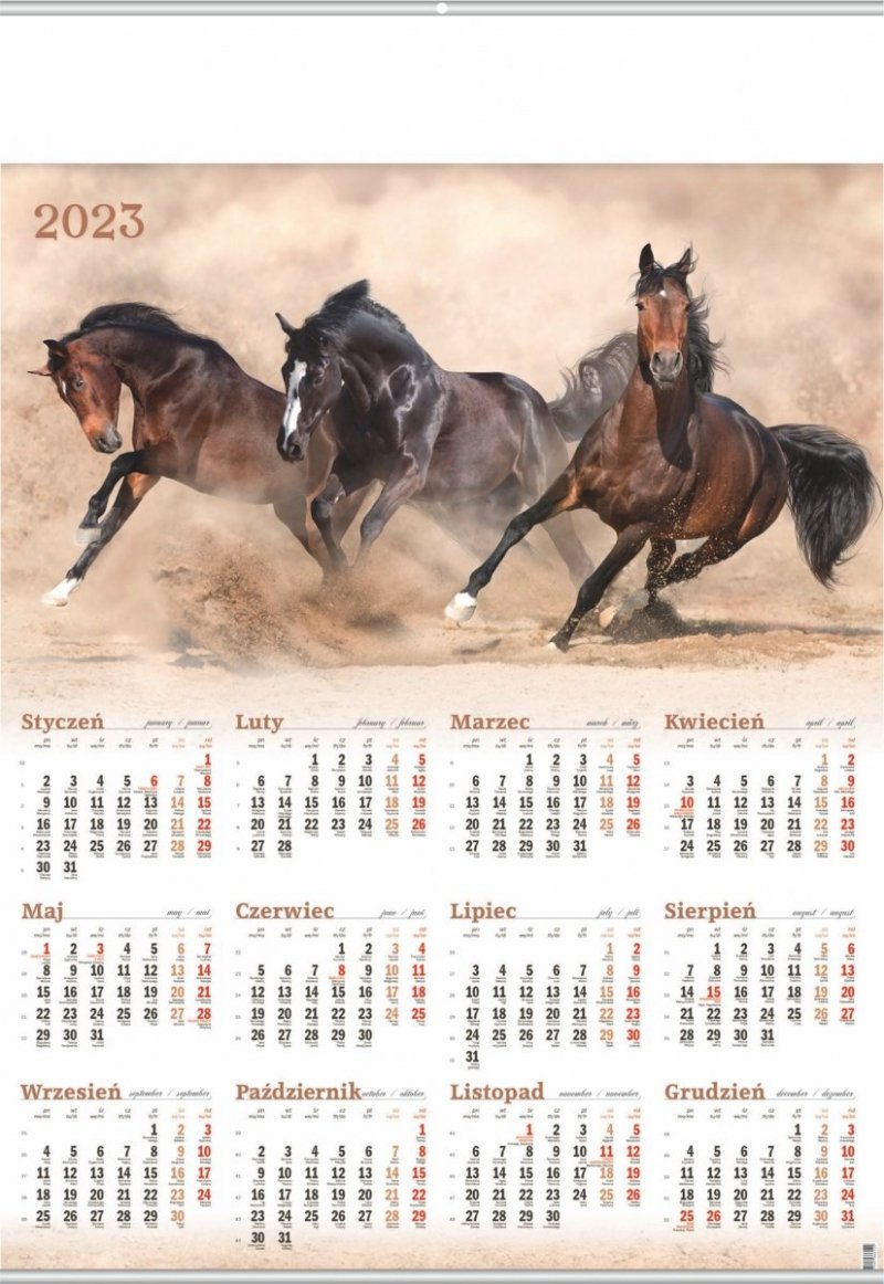 Kalendarz plakatowy na rok 2023 format B1 MUSTANGI z listwami srebrnymi
