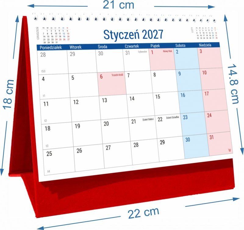Wymiary kalendarza biurkowego PLANO na rok 2027