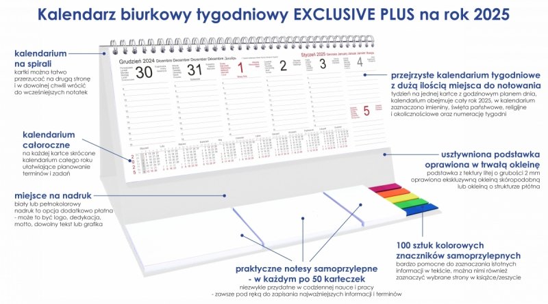 Kalendarz biurkowy stojący na podstawce - kalendarium tygodniowe na rok 2025