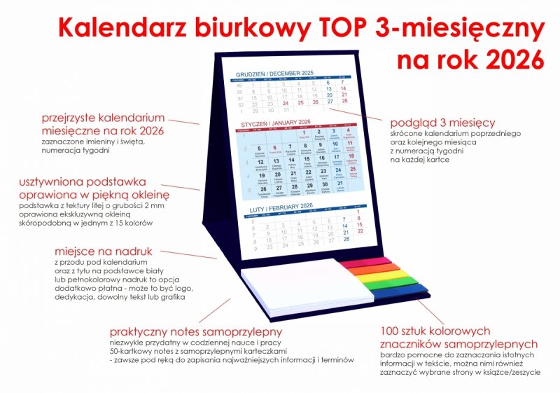 Kalendarz biurkowy z notesem i znacznikami TOP 3-miesięczny 2026 granatowy