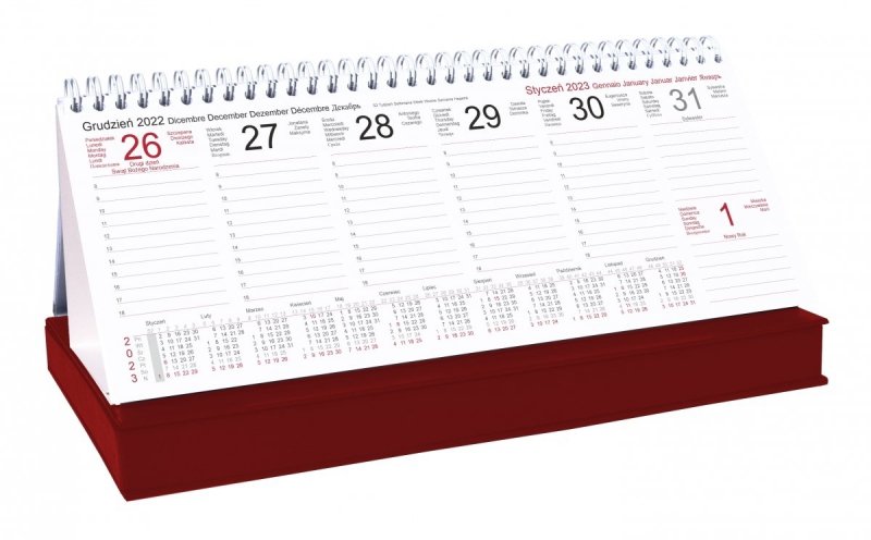 Kalendarz biurkowy TYGODNIOWY Z PIÓRNIKIEM 2023 bordowy