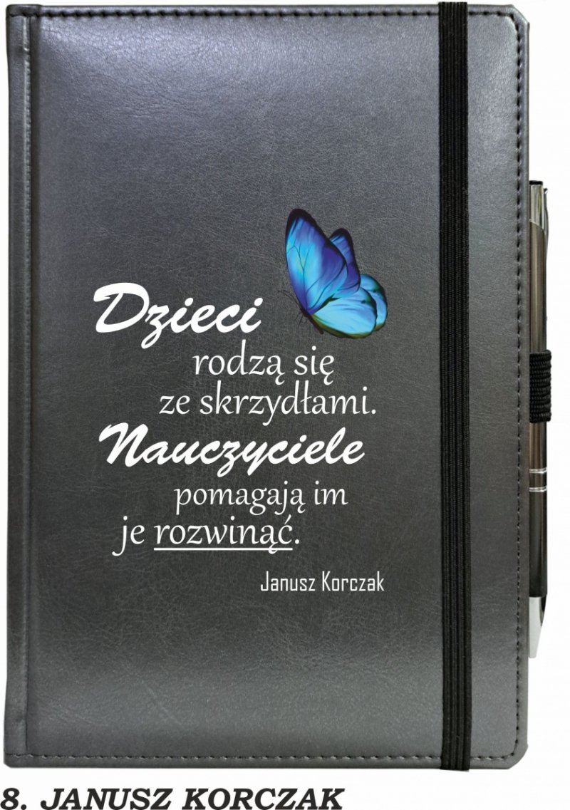 notes zamykany na gumkę z długopisem z grafiką na okładce