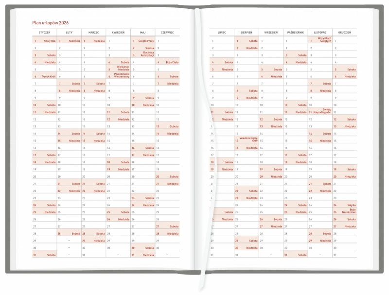 kalendarz książkowy A5 z planem urlopów na rok 2026 