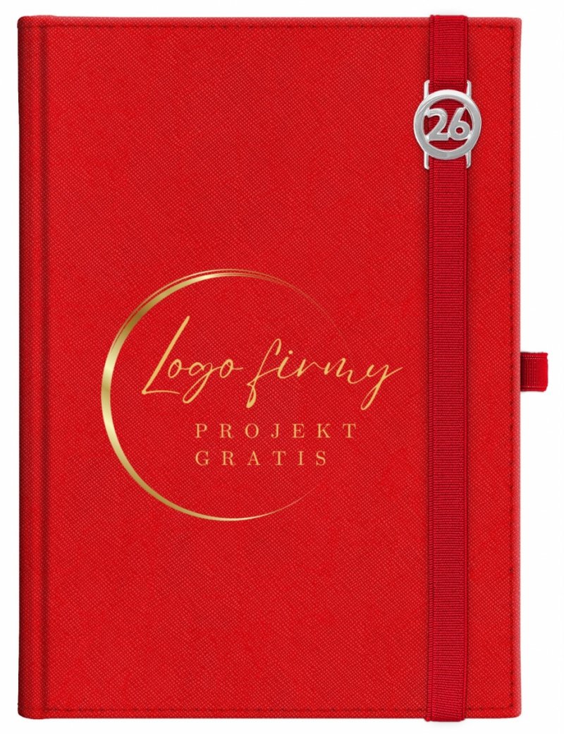 Kalendarz książkowy 2026 A4 dzienny papier chamois wycinane registry oprawa z zamykaniem na gumkę i mocowaniem na długopis ROSSA VIU czerwona Z NADRUKIEM LOGO