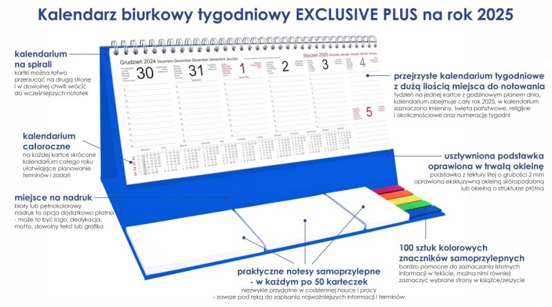 Kalendarz biurkowy stojący na podstawce - kalendarium tygodniowe na rok 2025
