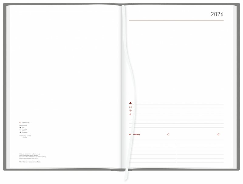 kalendarz A4 na rok 2026 w układzie dziennym, papier w kolorze białym