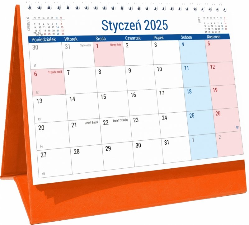 Kalendarz biurkowy PLANO na rok 2025 z dużą ilością miejsca na notatki