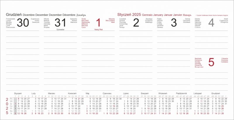 kalendarz tygodniowy na rok 2025