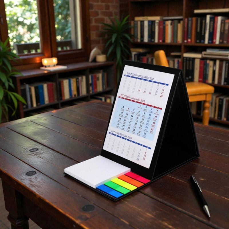 Kalendarz biurkowy z notesem i znacznikami TOP 3-miesięczny 2026 bordowy