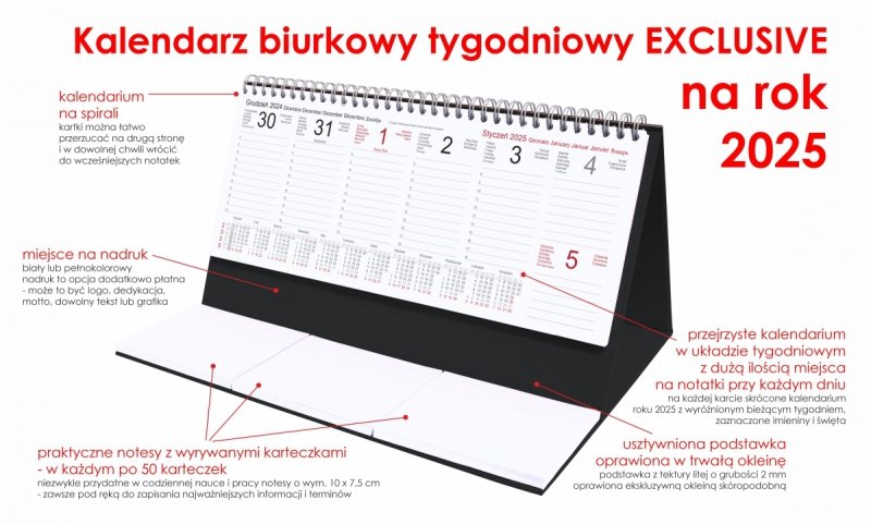 Kalendarz biurkowy stojący na podstawce - kalendarium tygodniowe na rok 2025