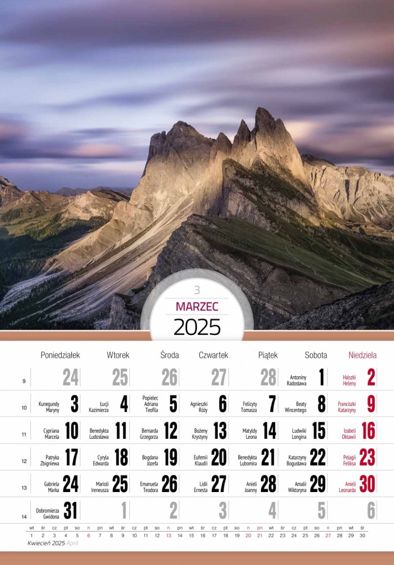 Kalendarz ścienny wieloplanszowy  PEJZAŻE 2025 - marzec 2025