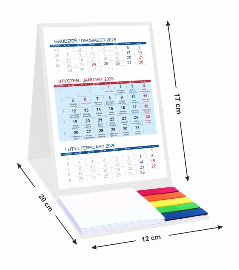 Kalendarz biurkowy z notesem i znacznikami TOP 3-miesięczny 2026 biały