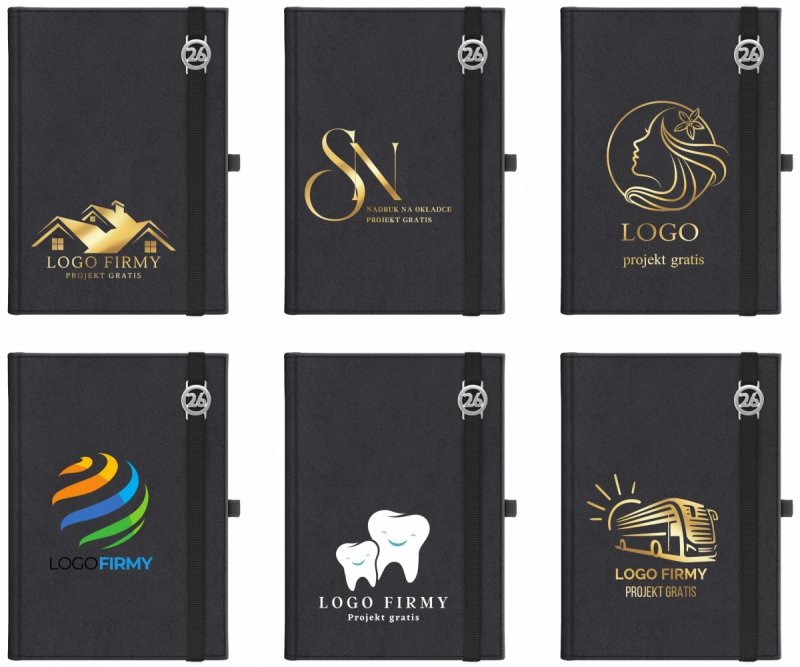 Kalendarz książkowy 2026 B5 dzienny papier chamois wycinane registry oprawa z zamykaniem na gumkę i mocowaniem na długopis ROSSA VIU czarna Z NADRUKIEM LOGO