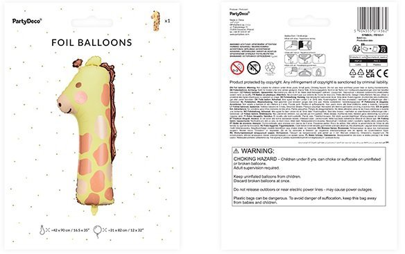 Balon dziecięcy foliowy urodzinowy cyfra &quot;1&quot; - Żyrafa 31x82 cm