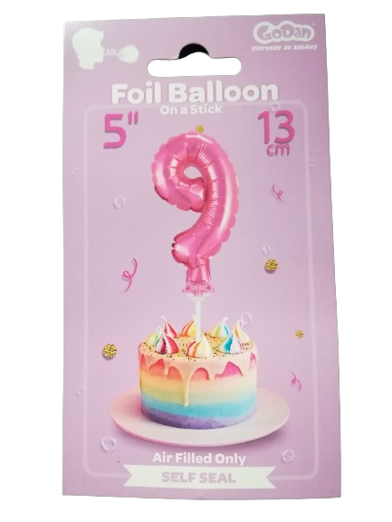 BALONY FOLIOWY 13CM NA PATYCZKU CYFRA 9 różowa