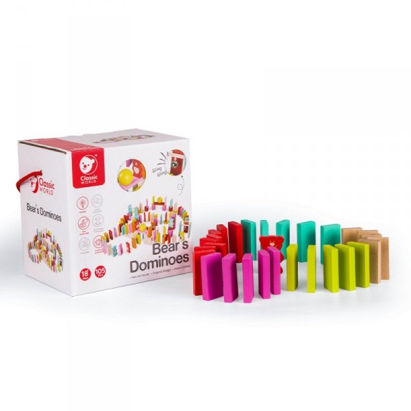 Drewniane Kolorowe Domino 105 elementów - Misie Classic World