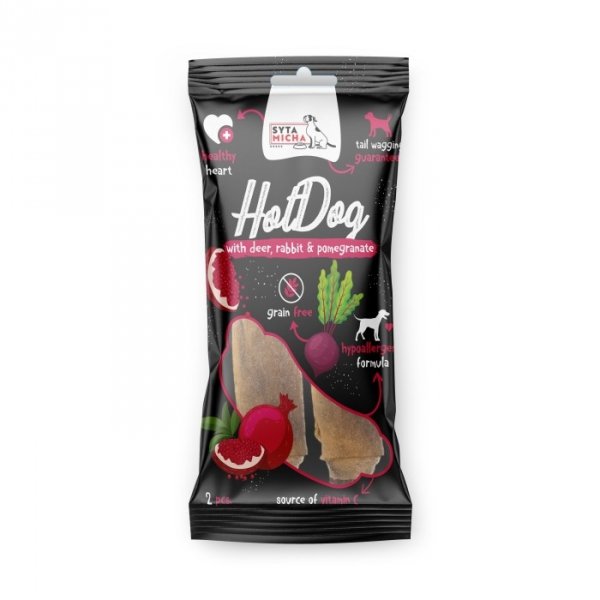 Syta Micha Hot Dog do żucia dla psa - królik z granatem w skórze jelenia 2 szt.