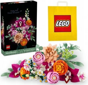 Zestaw Prezent LEGO ICONS 10342 Piękny Różowy Bukiet Kwiatów Klocki + Torba 