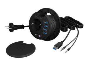 ICYBOX Table Hub 4x USB 3.0 Type-A with Audio in-/output and Schuko Socket CEE 7/3 diameter 80 mm Black