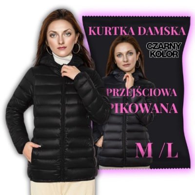Klasyczna damska kurtka przejściowa czarna pikowana z kapturem M/L
