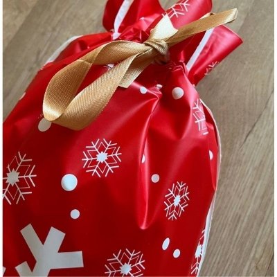 Woreczki świąteczne foliowe ze śnieżynkami XL 10 sztuk z wstążką