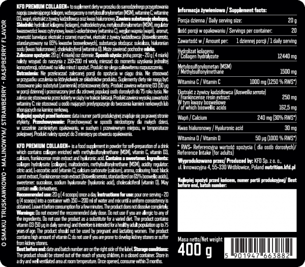 Informacja żywieniowa KFD Premium Collagen+ 400g truskawkowo-malinowy