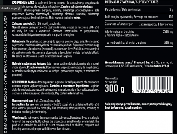 Informacja żywieniowa KFD Premium AAKG 300g Pomarańczowo-Cytrynowy