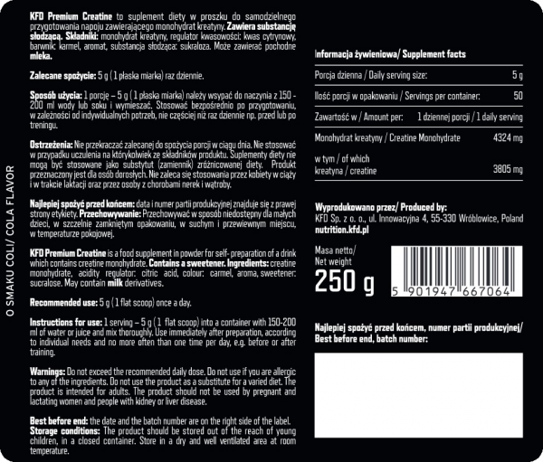  Informacja żywieniowa KFD Premium Creatine 250g Cola
