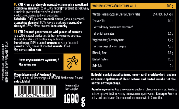 KFD Krem/ Masło Orzechowe z Arachidów Crunchy 1000 g informacja żywieniowa