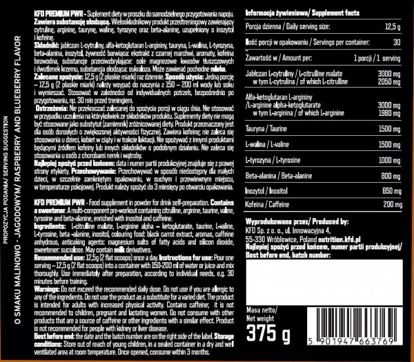 Pre-Workout II KFD Premium 375 g Malinowo-Jagodowy Informacja żywieniowa