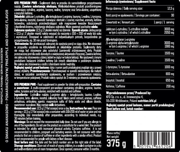 Przedtreningówka Pre-Workout II KFD Premium 375 g Ananas-Pomarańcza informacja żywieniowa