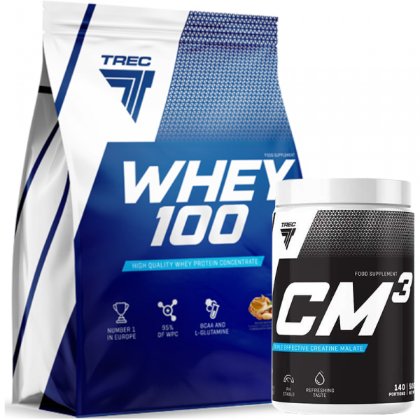 Zestaw Białko Trec Whey 100 2275g Masło Orzechowe plus Kreatyna Trec CM3 500g Pomarańcza