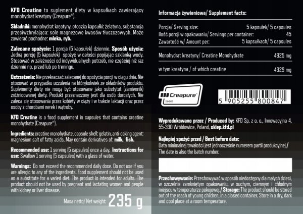KFD Creatine Creapure 225 kaps Monohydrat Informacja żywieniowa