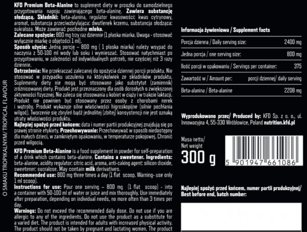 KFD Premium Beta-Alanine 300g Owoce Tropikalne Informacja żywieniowa 
