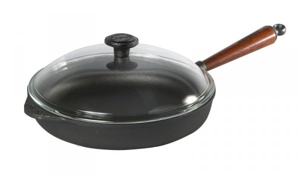 Patelnia głęboka 28 cm, szklana pokrywa, drewno