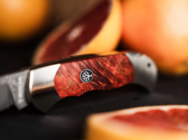 Nóż Böker Optima Burl Birch Bloody Orange Damast