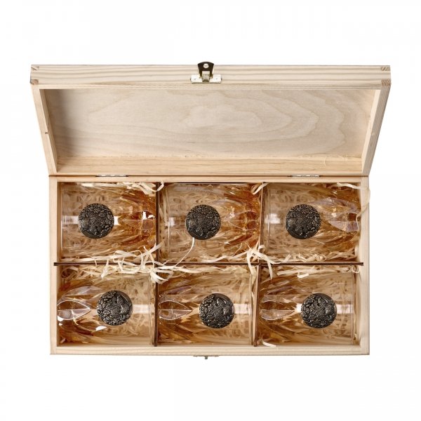 Szklanki do whisky Golden Fox Fire Amber Dzik zdobione odlewanym elementem, bursztynowy natrysk 6 szt.