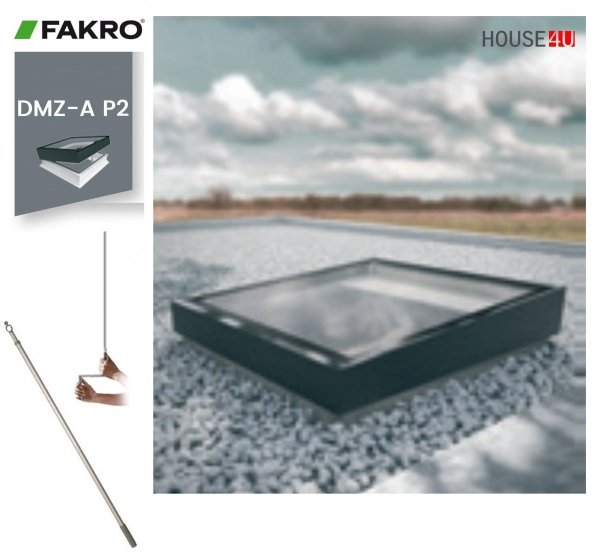 Fakro Okno do płaskiego dachu DMZ-B P2 U=0,95 W/m²K, otwierane manualnie za pomocą drążka ZSD, z nitowanym elementem szklanym , szyba z pochyleniem.